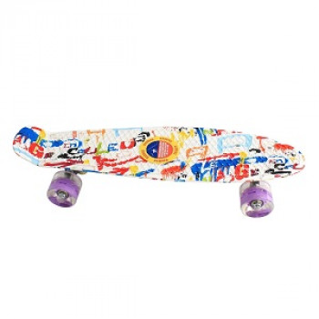 Пенниборд скейтборд с принтом, белый разноцветный, колеса с подсветкой