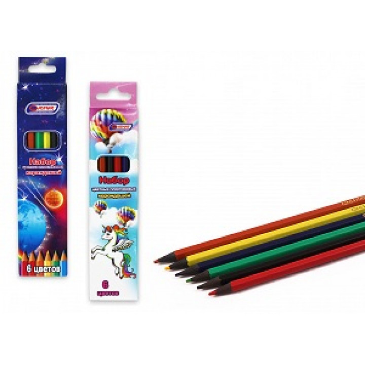 Набор шестигранных цветных пластиковых карандашей 6 цв Asmar
