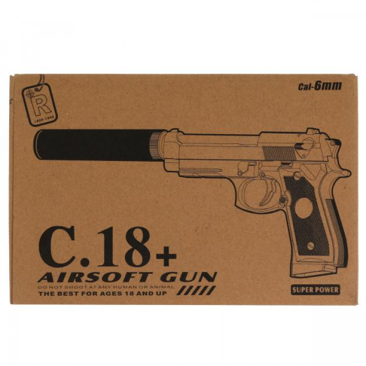 Пистолет пневматический Airsoft Gun C18+ (металл, съемный магазин, глушитель, пульки) 1B00273