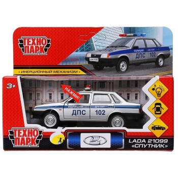 Машина Lada 21099 Спутник Полиция 12см серебро металл инерция (свет,звук) Технопарк 21099-12SLPOL-SR